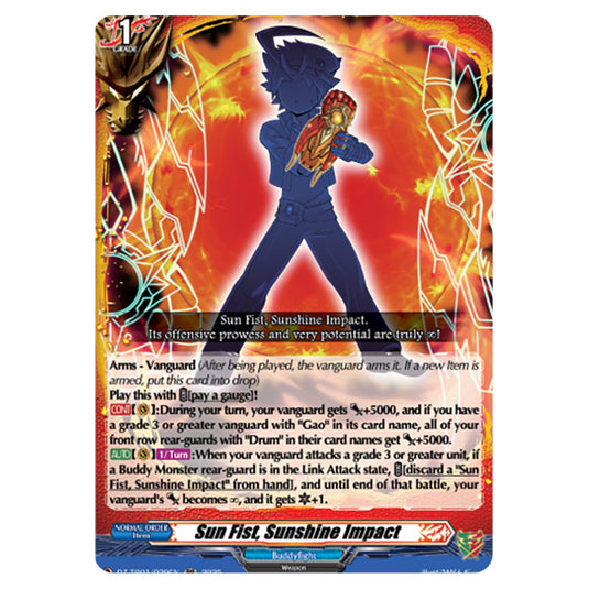 Sun Fist, Sunshine Impact DZ-TB01/029EN card from the Cardfight!! Vanguard set Future Card Buddyfight