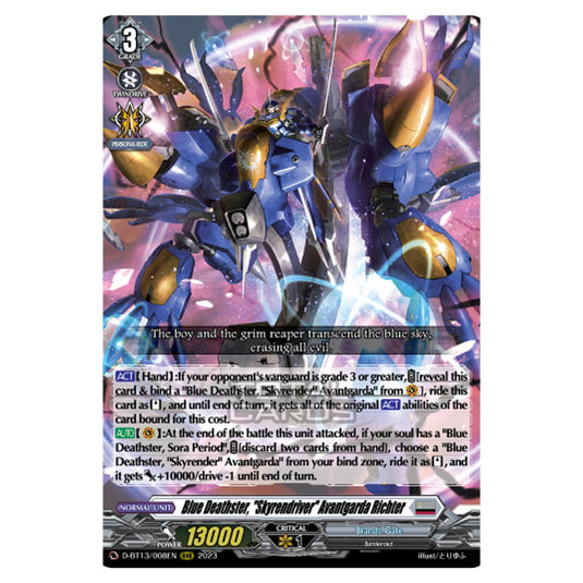 Cardfight!! Vanguard - D-BT13 - Flight of Chakrabarthi - Blue Deathster, "Skyrendriver" Avantgarda Richter (RRR) D-BT13/008EN