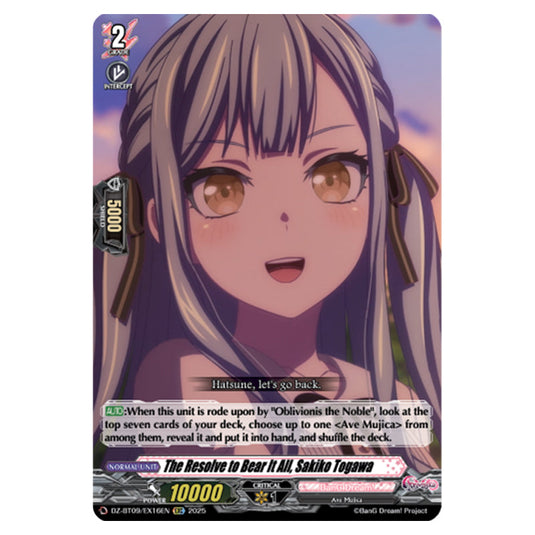 The Resolve to Bear It All, Sakiko Togawa DZ-BT09/EX16EN card from the Cardfight!! Vanguard set Super Brave Detonation