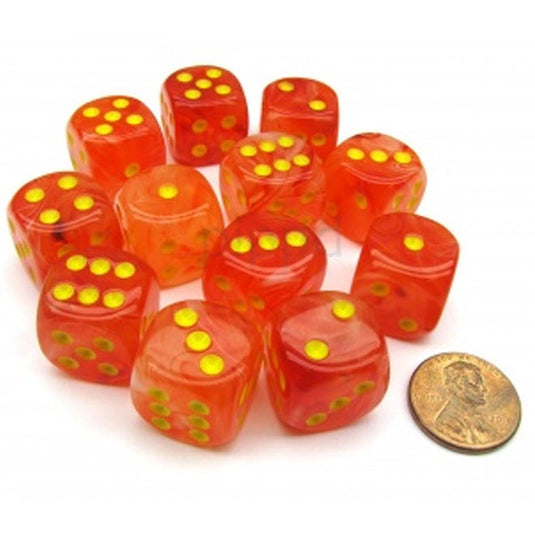 Chessex - Signature - 16mm D6 W/ Pips Blocks (12 Dice) - Ghostly Glow Orange/Yellow