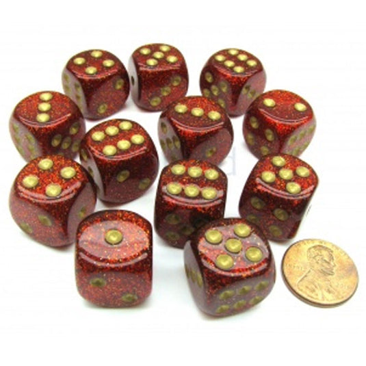 Chessex - Signature - 16mm D6 W/ Pips Blocks (12 Dice) - Glitter Polyhedral Ruby/Gold