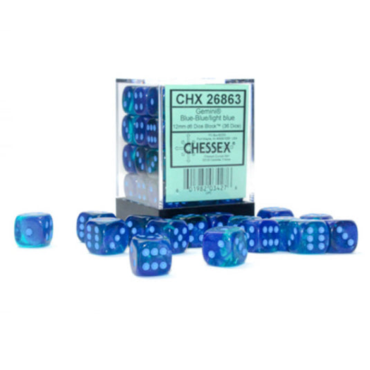 Chessex - Gemini - 12mm d6 - Blue-Blue/light blue - Luminary Dice Block (36 Dice)