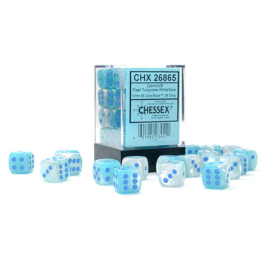 Chessex - Gemini - 12mm d6 - Pearl Turquoise-White/blue - Luminary Dice Block (36 Dice)