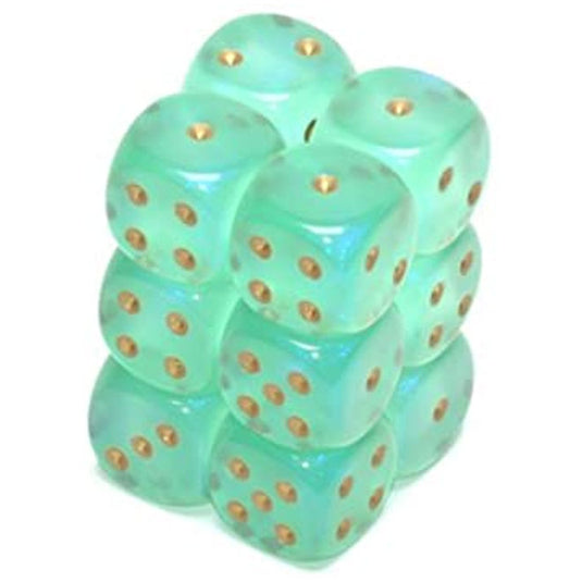 Chessex - Borealis 16mm d6 - Light Green/gold - Luminary Dice Block (12 dice)
