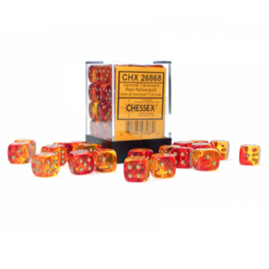 Chessex - Gemini - 12mm d6 - Translucent Red-Yellow/gold - Luminary Dice Block (36 Dice)