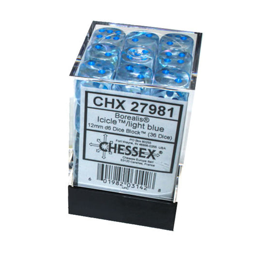 Chessex - Signature Borealis 12mm D6 w/pips 36-Dice Blocks - Icicle/light blue Luminary