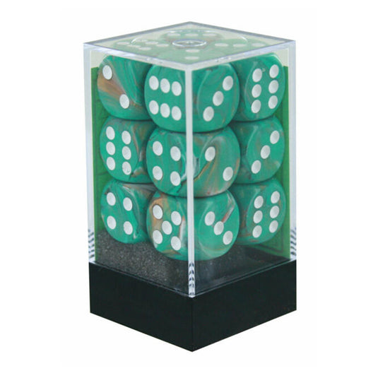 Chessex - Signature - 16mm d6 with pips Dice Blocks (12 Dice) - Marble Oxi‑Copper/white