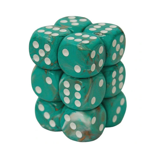 Chessex - Signature - 16mm d6 with pips Dice Blocks (12 Dice) - Marble Oxi‑Copper/white