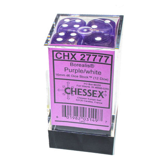 Chessex - Borealis 16mm d6 - Purple/white - Luminary Dice Block (12 dice)