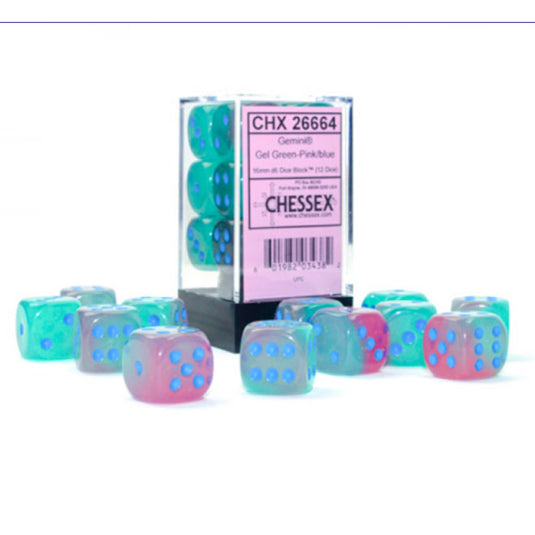 Chessex - Gemini - 16mm d6 - Gel Green-Pink/blue - Luminary Dice Block (12 Dice)