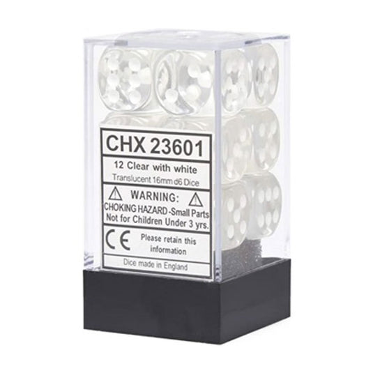 Chessex - Translucent - 16mm D6 W/Pips 12-Dice Blocks - Clear w/White