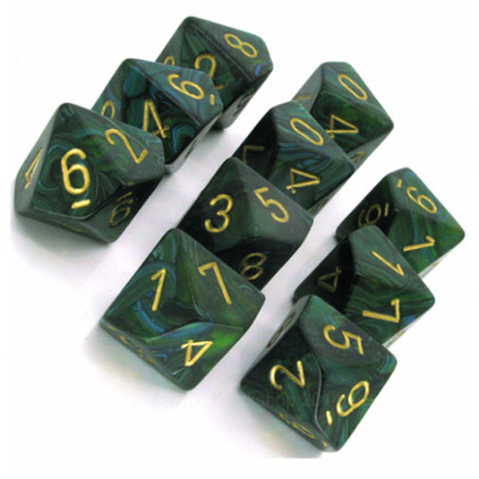 Chessex - Signature - 16mm D10 W/gold (10 Dice) - Scarab Jade