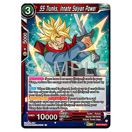 SS Trunks, Innate Saiyan Power BT27-018 card from the Dragon Ball Super Card Game set B27 - History of Z