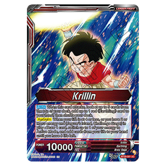 Krillin LEADER card from the Dragon Ball Super Card Game set Fearsome Rivals (BT29-001)