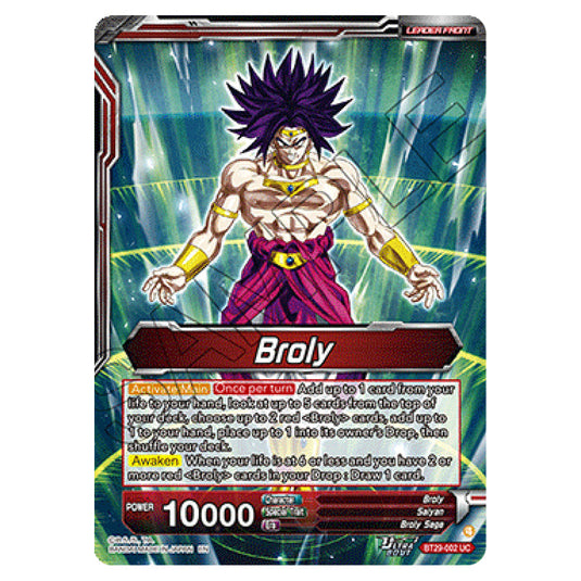 Broly LEADER card from the Dragon Ball Super Card Game set Fearsome Rivals (BT29-002)