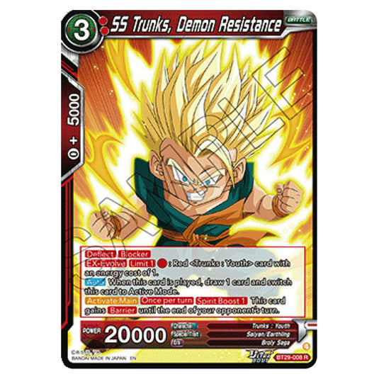 SS Trunks, Demon Resistance BATTLE card from the Dragon Ball Super Card Game set Fearsome Rivals (BT29-008)