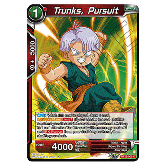 Trunks, Pursuit BATTLE card from the Dragon Ball Super Card Game set Fearsome Rivals (BT29-009)