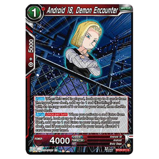 Android 18, Demon Encounter BATTLE card from the Dragon Ball Super Card Game set Fearsome Rivals (BT29-011)