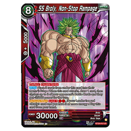 SS Broly, Non-Stop Rampage BATTLE card from the Dragon Ball Super Card Game set Fearsome Rivals (BT29-012)