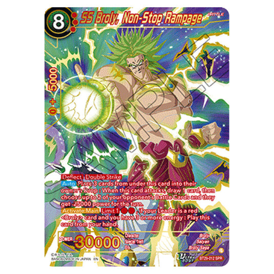 SS Broly, Non-Stop Rampage BATTLE card from the Dragon Ball Super Card Game set Fearsome Rivals (BT29-012_SPR)