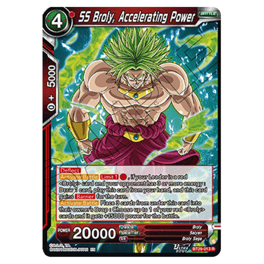 SS Broly, Accelerating Power BATTLE card from the Dragon Ball Super Card Game set Fearsome Rivals (BT29-013)