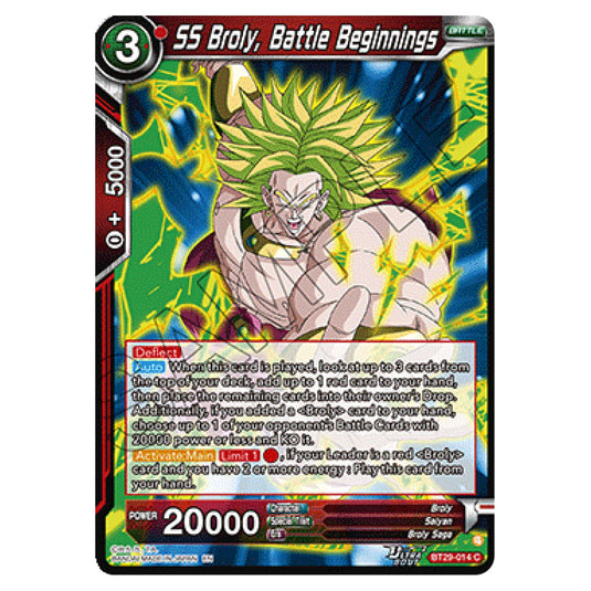 SS Broly, Battle Beginnings BATTLE card from the Dragon Ball Super Card Game set Fearsome Rivals (BT29-014)
