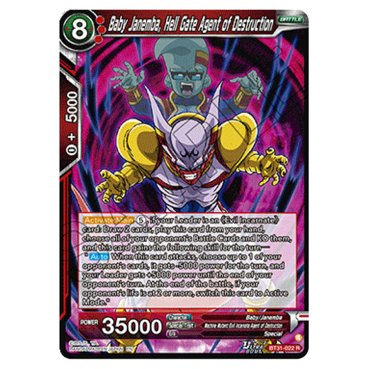 Baby Janemba, Hell Gate Agent of Destruction BATTLE card from the Dragon Ball Super Card Game set Impact Beyond Dimension (BT31-022)
