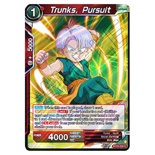 Trunks, Pursuit BATTLE card from the Dragon Ball Super Card Game set Fearsome Rivals (BT29-009)