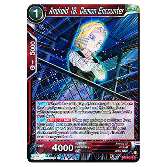 Android 18, Demon Encounter BATTLE card from the Dragon Ball Super Card Game set Fearsome Rivals (BT29-011)