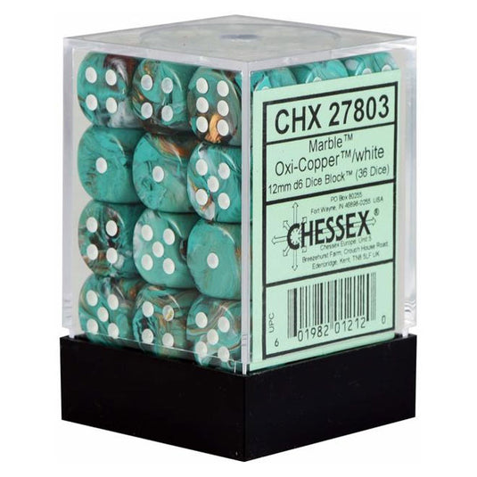 Chessex - Signature - 12mm d6 with pips Dice Blocks (36 Dice) - Marble Oxi‑Copper/white