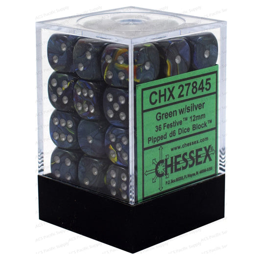 Chessex - Signature - 12mm d6 with pips Dice Blocks (36 Dice) - Festive Green w/silver