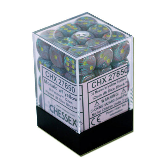 Chessex - Signature - 12mm d6 with pips Dice Blocks (36 Dice) - Festive Mosaic/yellow