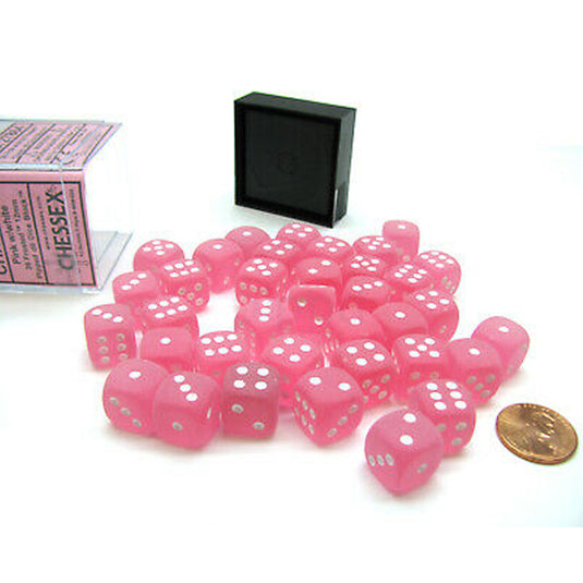 Chessex - Signature - 12mm d6 with pips Dice Blocks (36 Dice) - Frosted Polyheral Pink w/white