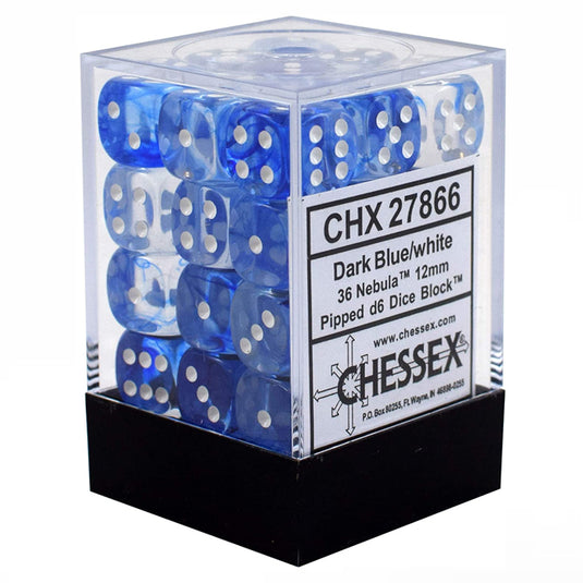 Chessex - Signature - 12mm d6 with pips Dice Blocks (36 Dice) - Nebula Dark Blue w/white