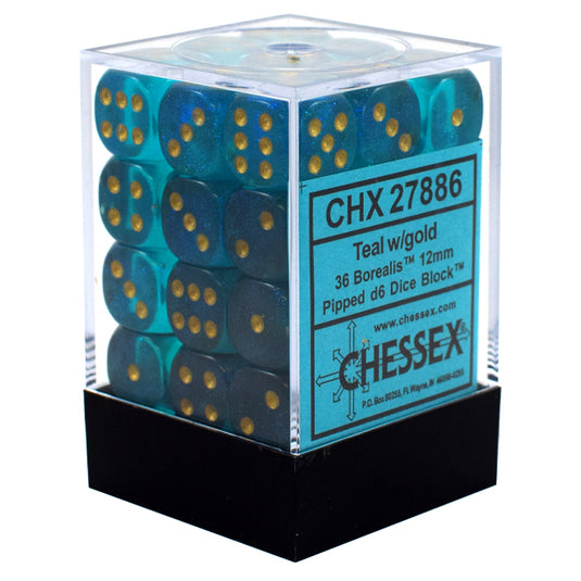 Chessex - Signature - 12mm d6 with pips Dice Blocks (36 Dice) - Borealis Teal w/gold