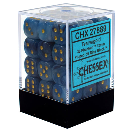 Chessex - Signature - 12mm d6 with pips Dice Blocks (36 Dice) - Phantom Teal w/gold