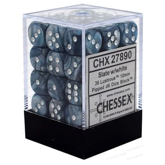 Chessex - Signature - 12mm d6 with pips Dice Blocks (36 Dice) - Lustrous Slate w/white