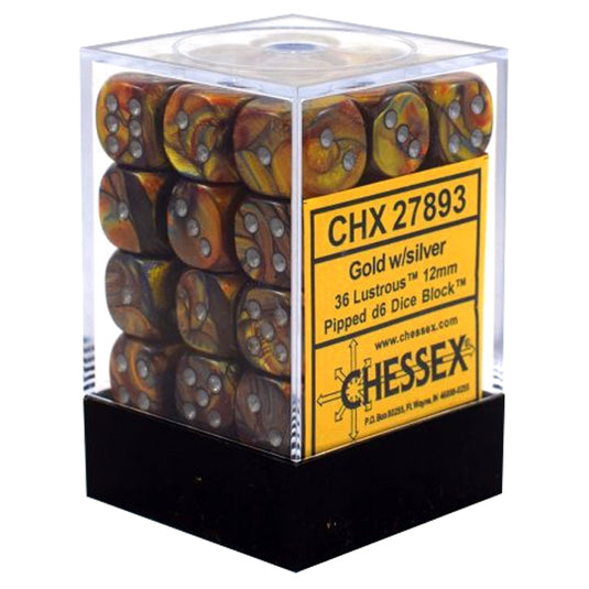 Chessex - Signature - 12mm d6 with pips Dice Blocks (36 Dice) - Lustrous Gold w/silver