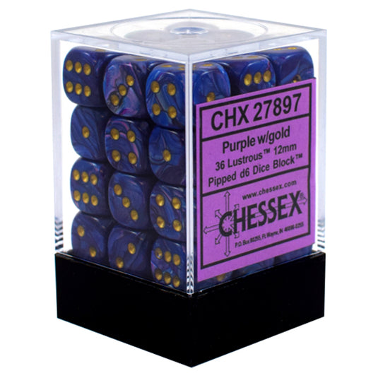 Chessex - Signature - 12mm d6 with pips Dice Blocks (36 Dice) - Lustrous Purple w/gold