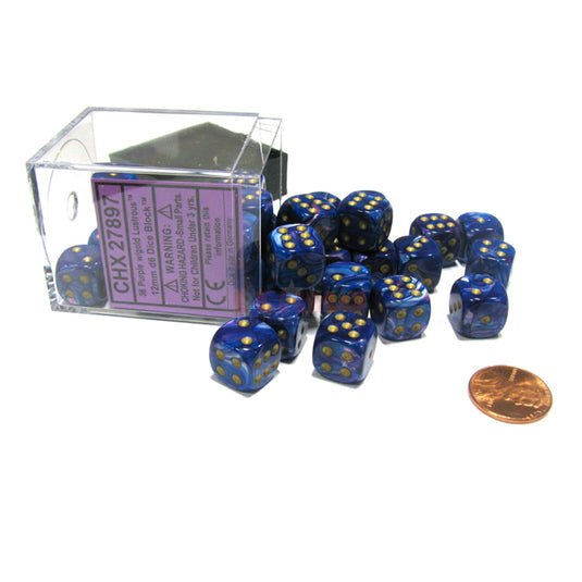 Chessex - Signature - 12mm d6 with pips Dice Blocks (36 Dice) - Lustrous Purple w/gold