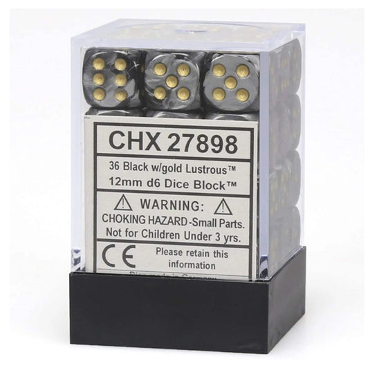 Chessex - Signature - 12mm d6 with pips Dice Blocks (36 Dice) - Lustrous Black w/gold