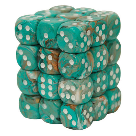 Chessex - Signature - 12mm d6 with pips Dice Blocks (36 Dice) - Marble Oxi‑Copper/white