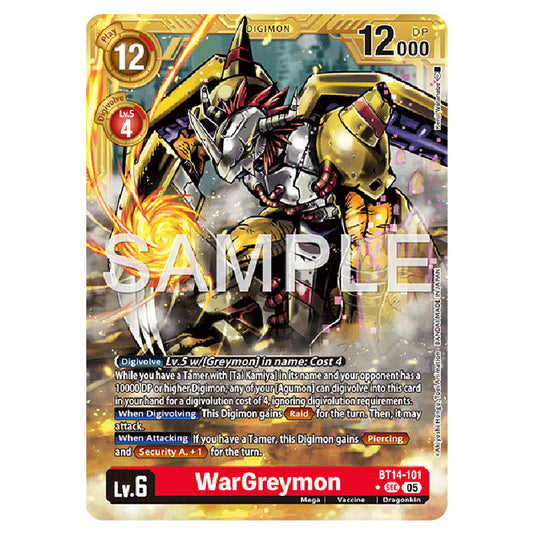 WarGreymon (Gold Border) BT14-101a card from the Digimon set AD01 - Digimon Generation