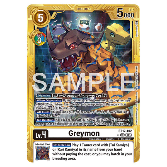Greymon (Gold Border) BT17-102a card from the Digimon set AD01 - Digimon Generation