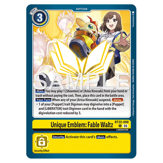 Unique Emblem: Fable Waltz BT22-098 card from the Digimon set Cyber Eden