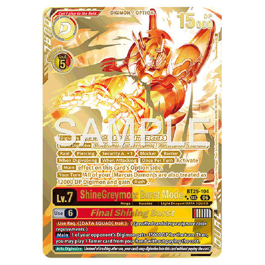 ShineGreymon: Burst Mode BT25-104b card from the Digimon set BT-25: Dual Revolution