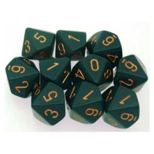 Chessex - Opaque Polyhedral D10 10-Dice Blocks - Dusty Green/gold