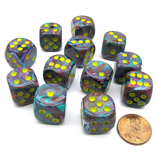 Chessex - Signature - 16mm D6 W/ Pips Blocks (12 Dice) - Festive Mosaic/Yellow