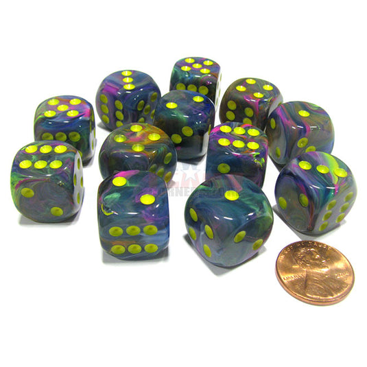 Chessex - Signature - 16mm D6 W/ Pips Blocks (12 Dice) - Festive Rio w/Yellow