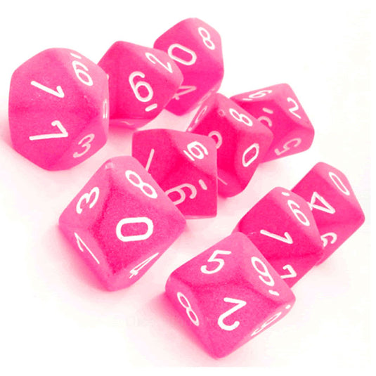 Chessex - Signature - 16mm Polyhedral D10 10-Dice Set - Frosted Polyhedral Pink with White